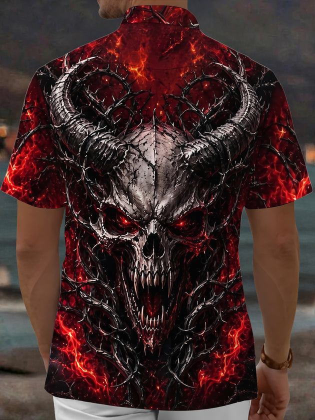 Adaychic Men's Graphic Demon Skull Print Short Sleeve Shirt with Chest Pocket
