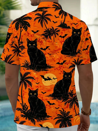 Adaychic Men's Hawaiian Black Cat Print Short Sleeve Shirt with Chest Pocket
