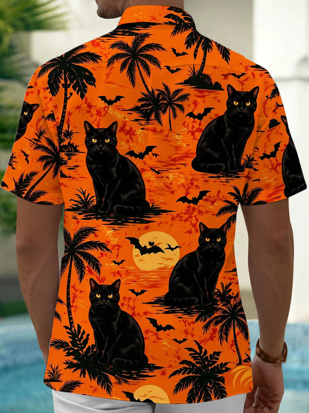 Adaychic Men's Hawaiian Black Cat Print Short Sleeve Shirt with Chest Pocket
