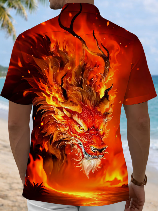 Men's black dragon print short sleeve shirt back view
