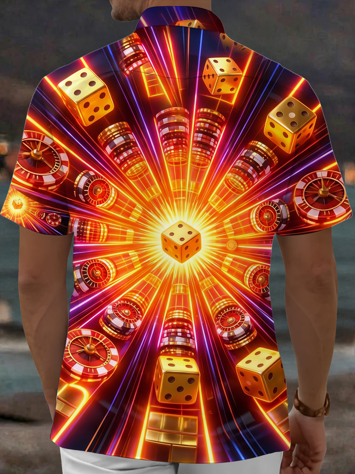 Adaychic Men's Casino Dice Chips And Roulette Wheels Print Short Sleeve Shirt with Chest Pocket