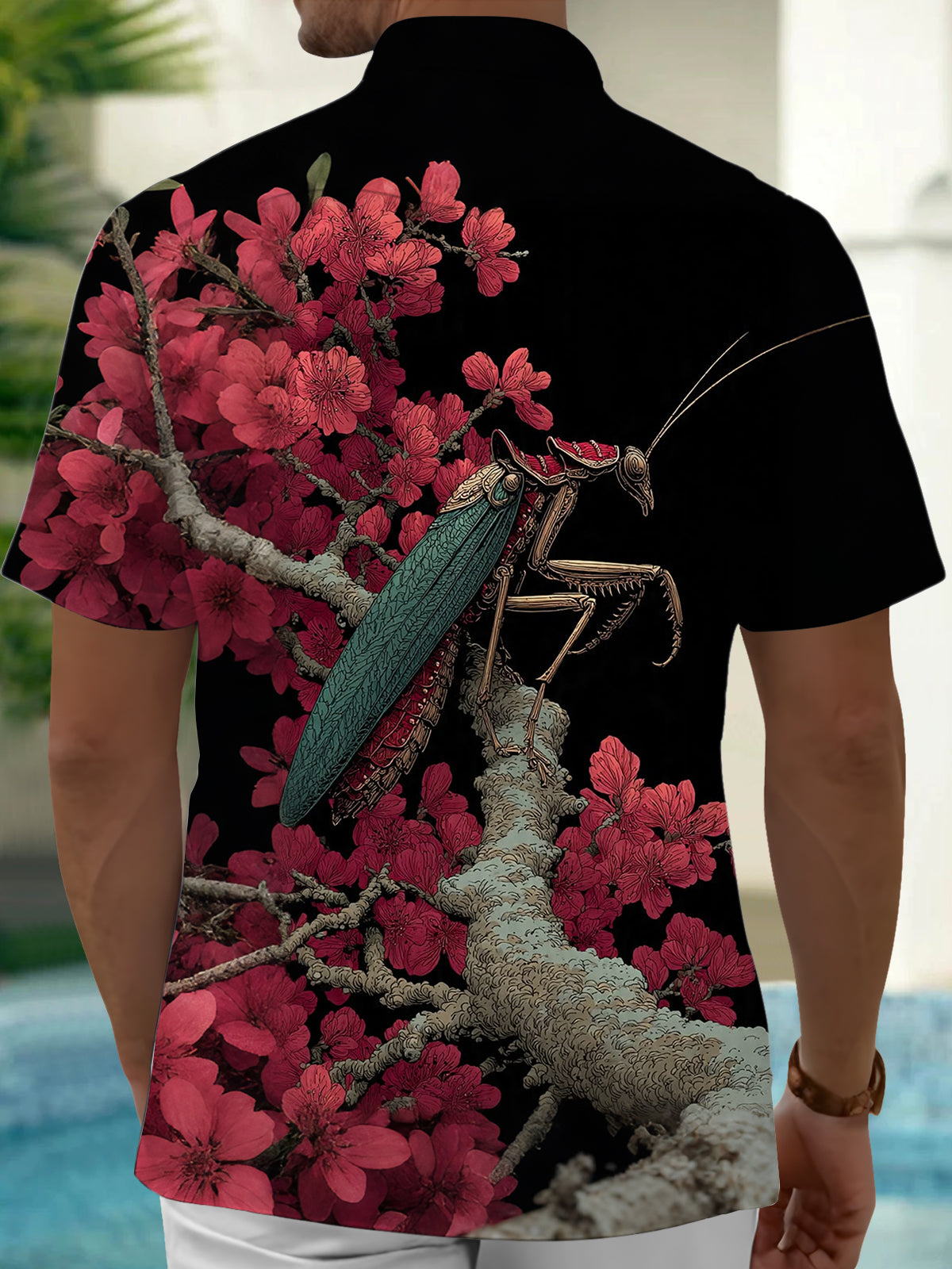Adaychic Men's Printed Mantis On Branch Print Short Sleeve Shirt with Chest Pocket