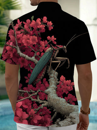 Adaychic Men's Printed Mantis On Branch Print Short Sleeve Shirt with Chest Pocket