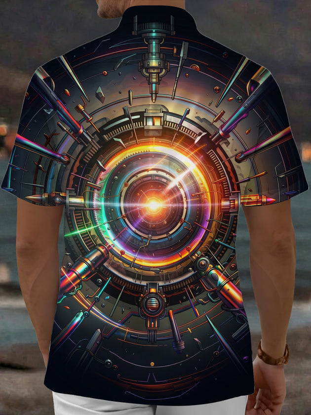 Adaychic Men's Graphic Cyberpunk Mechanical Compass Print Short Sleeve Shirt with Chest Pocket