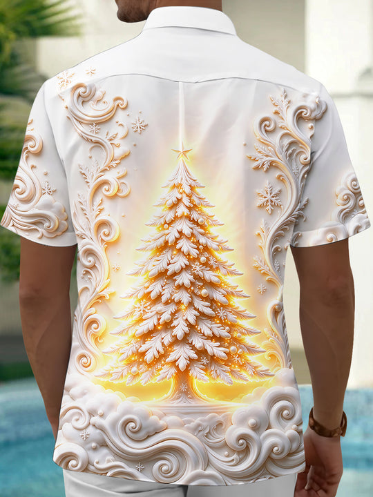 Adaychic Men's Glowing Christmas Tree With Scrollwork Print Short Sleeve Shirt with Chest Pocket