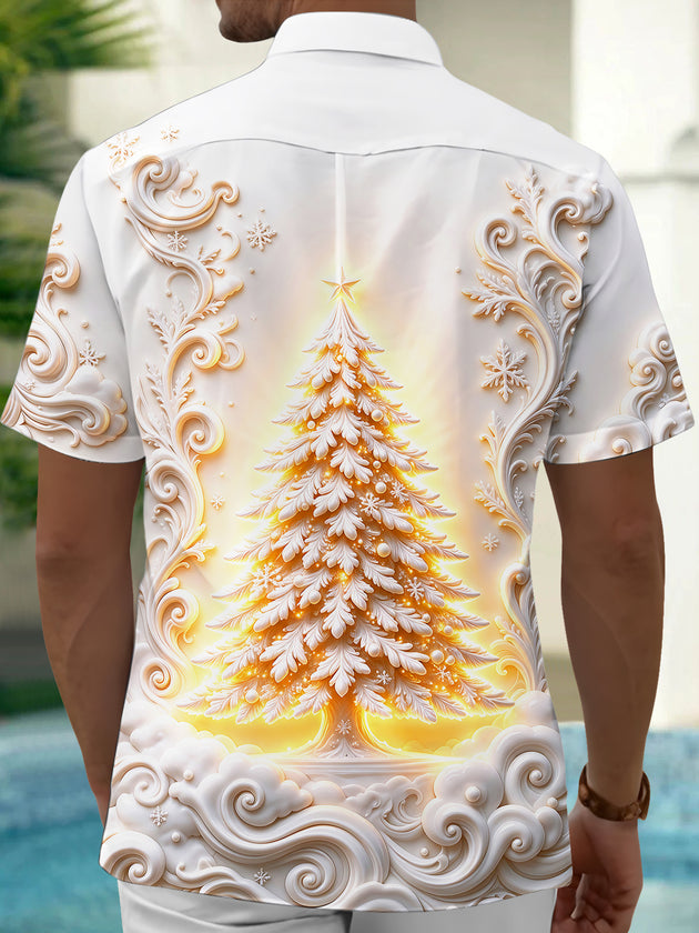 Adaychic Men's Glowing Christmas Tree With Scrollwork Print Short Sleeve Shirt with Chest Pocket