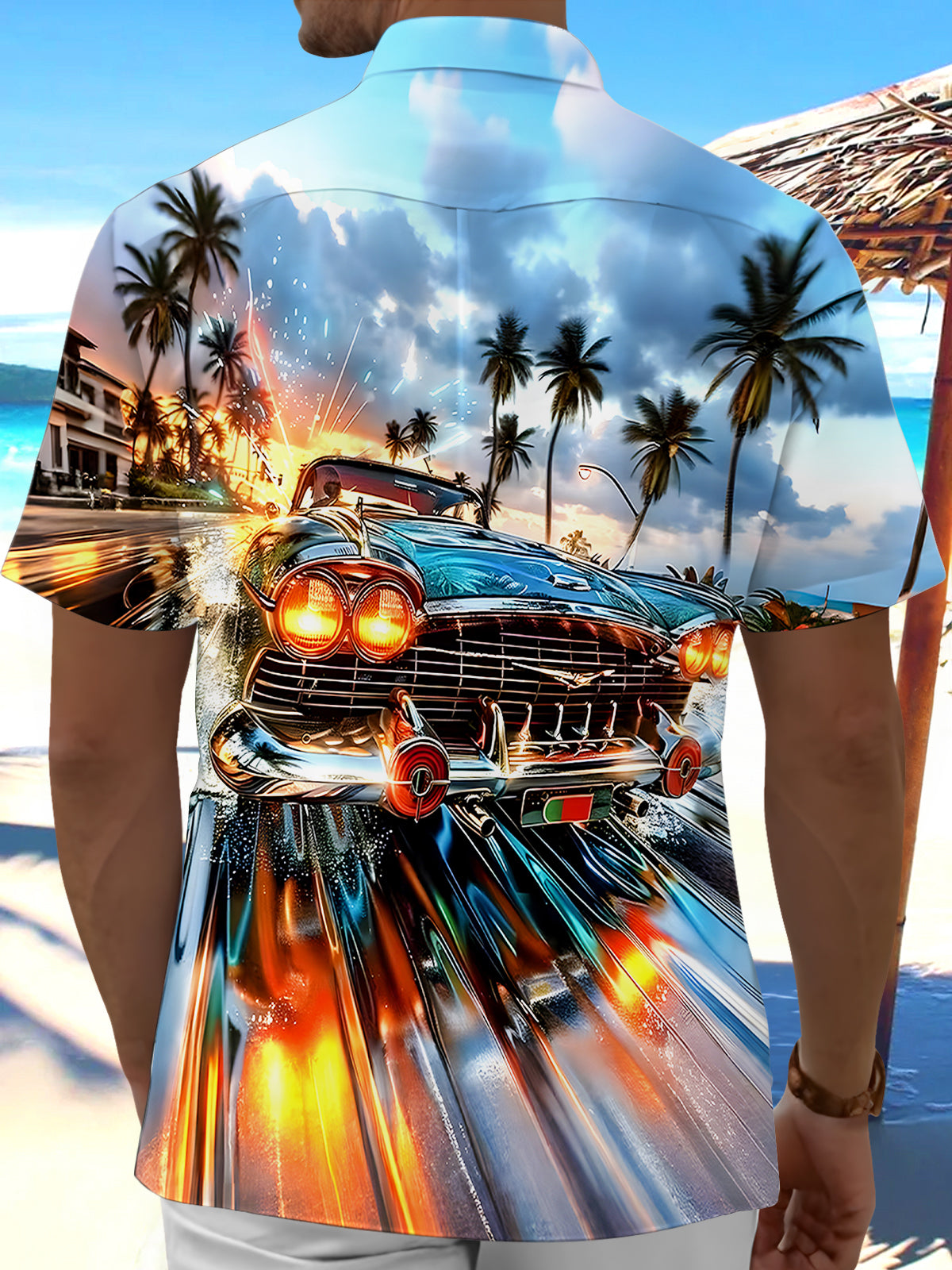 Men's multicolor Hawaiian tie dye short sleeve shirt back view
