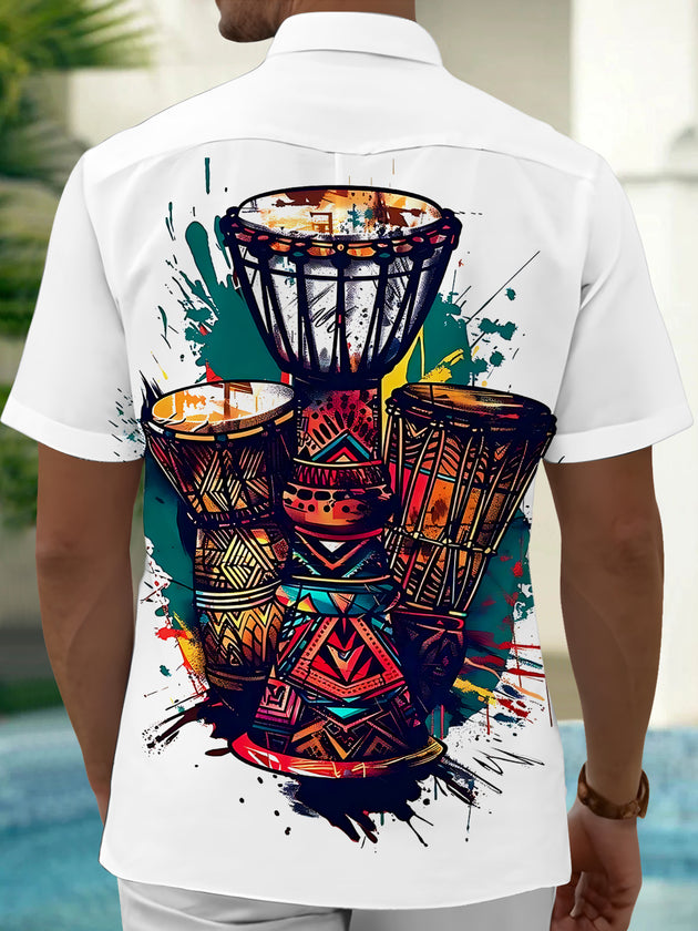 Adaychic Men's Graphic Djembe Drums Print Short Sleeve Shirt with Chest Pocket