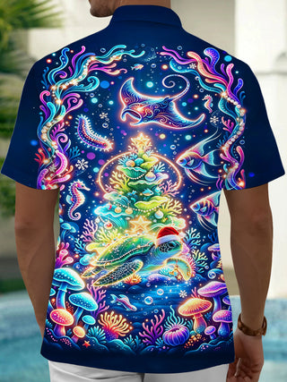 Adaychic Men's Hawaiian Undersea Christmas Print Short Sleeve Shirt with Chest Pocket