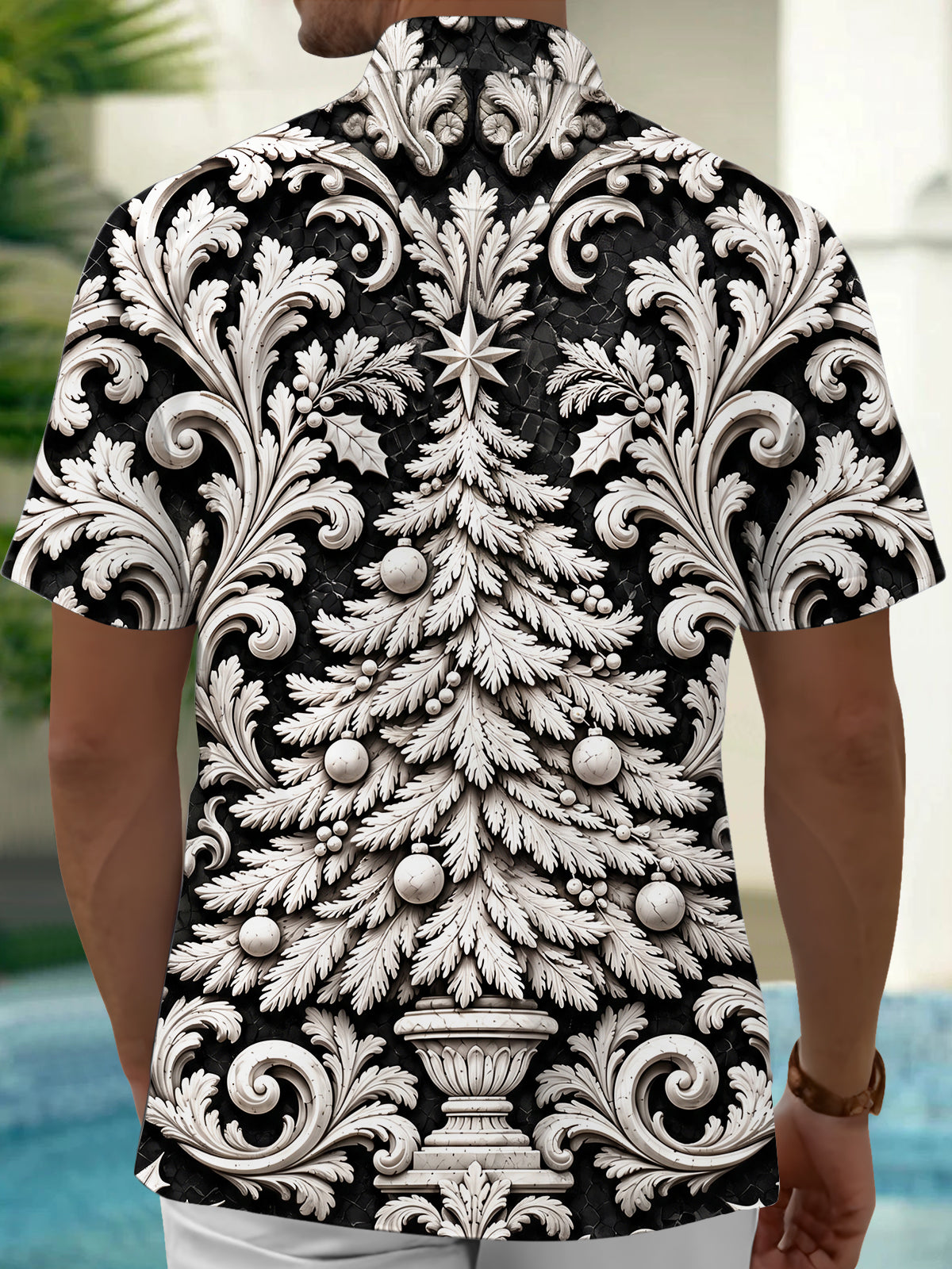 Adaychic Men's Christmas Tree With Ornaments And Star Print Short Sleeve Shirt with Chest Pocket