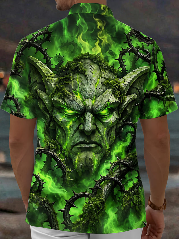 Adaychic Men's Green Demon Face With Thorny Vines Print Short Sleeve Shirt with Chest Pocket