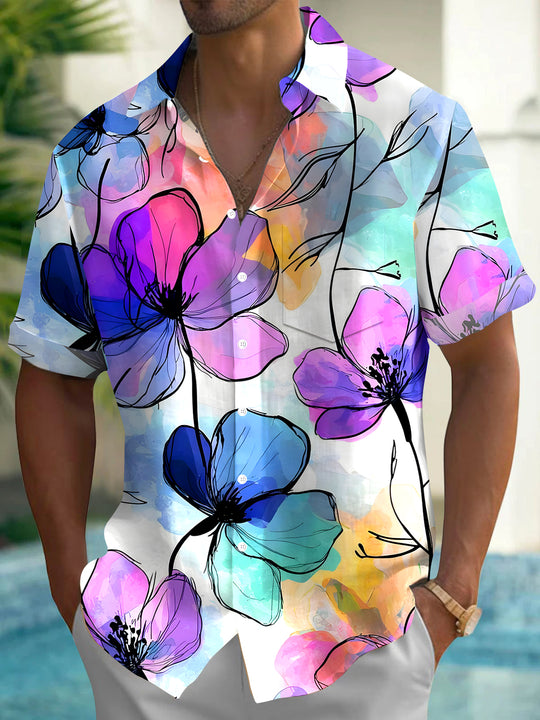 Men's floral Hawaiian short sleeve shirt front view for tropical beach vacation