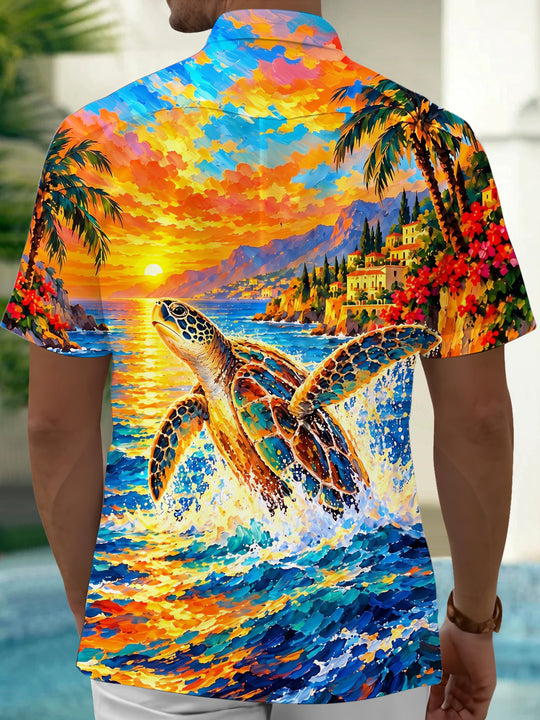 Adaychic Men's Hawaiian Sea Turtle Print Short Sleeve Shirt with Chest Pocket