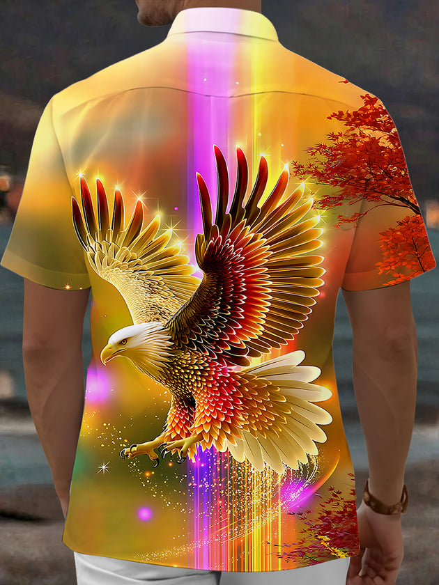 Adaychic Men's Graphic Golden Eagle Print Short Sleeve Shirt with Chest Pocket