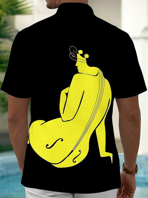 Adaychic Men's Graphic Yellow Violin Graphic Short Sleeve Shirt with Chest Pocket
