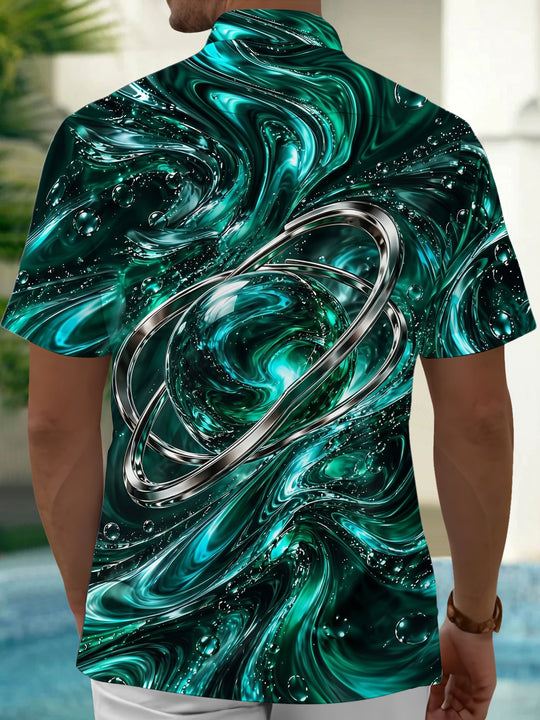 Adaychic Men's Short Sleeve Shirt - Abstract Swirling Liquid And Metallic Rings Print with Chest Pocket