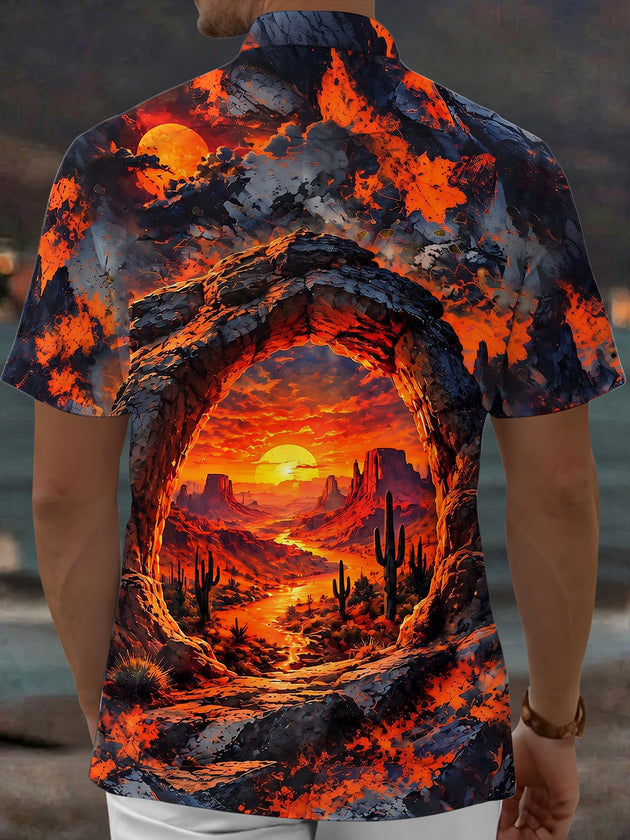 Adaychic Men's Desert Sunset Rock Archway With Cacti Print Short Sleeve Shirt with Chest Pocket