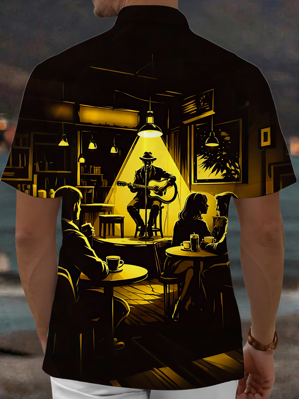 Adaychic Men's Graphic Folk Singer Silhouette Print Short Sleeve Shirt with Chest Pocket