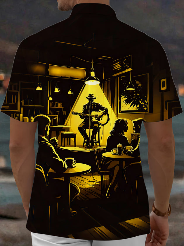 Adaychic Men's Graphic Folk Singer Silhouette Print Short Sleeve Shirt with Chest Pocket