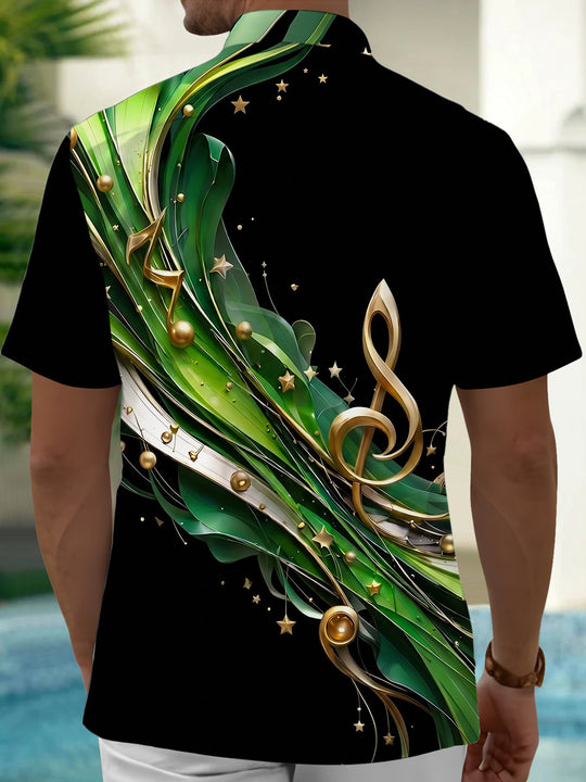 Adaychic Men's Graphic Musical Note Print Short Sleeve Shirt with Chest Pocket