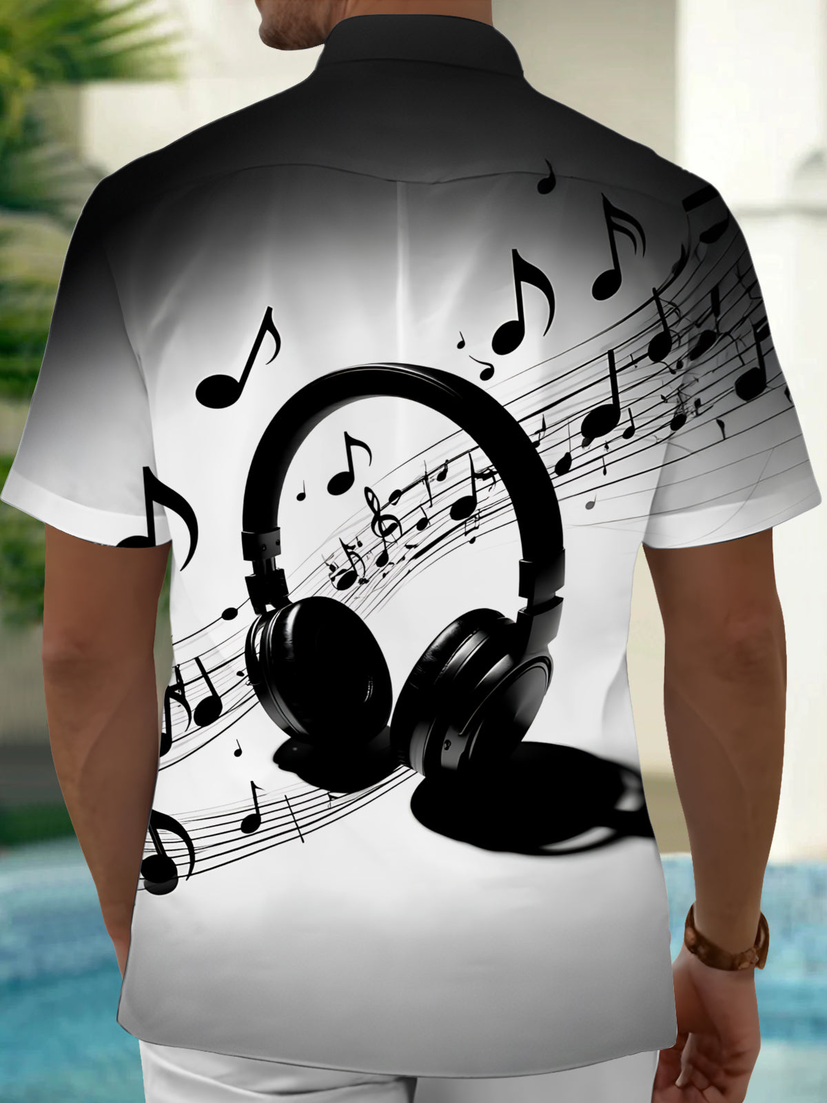 Adaychic Men's Printed Headphones Print Musical Notes Print Short Sleeve Shirt with Chest Pocket