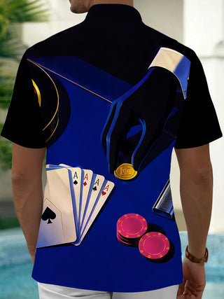 Adaychic Men's Graphic Casino Poker Cards Print Short Sleeve Shirt with Chest Pocket
