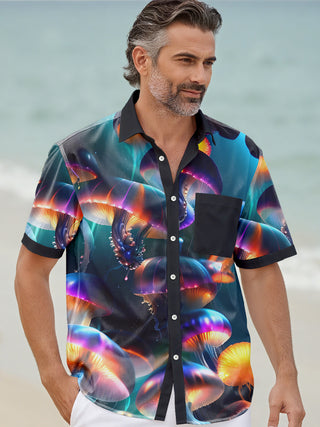 Men's Hawaiian fish print pocket short sleeve shirt front view tropical beach vacation