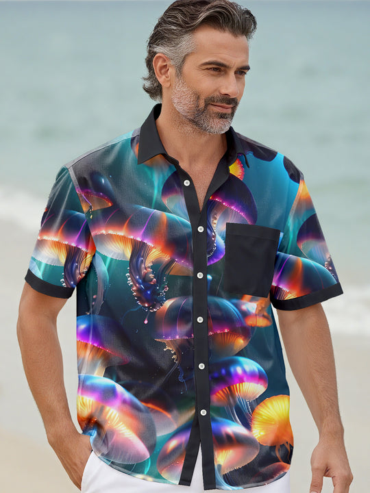 Men's Hawaiian fish print pocket short sleeve shirt front view tropical beach vacation