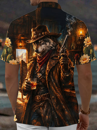 Adaychic Men's Short Sleeve Shirt - Western Wolf Cowboy With Revolver And Whiskey Print with Chest Pocket