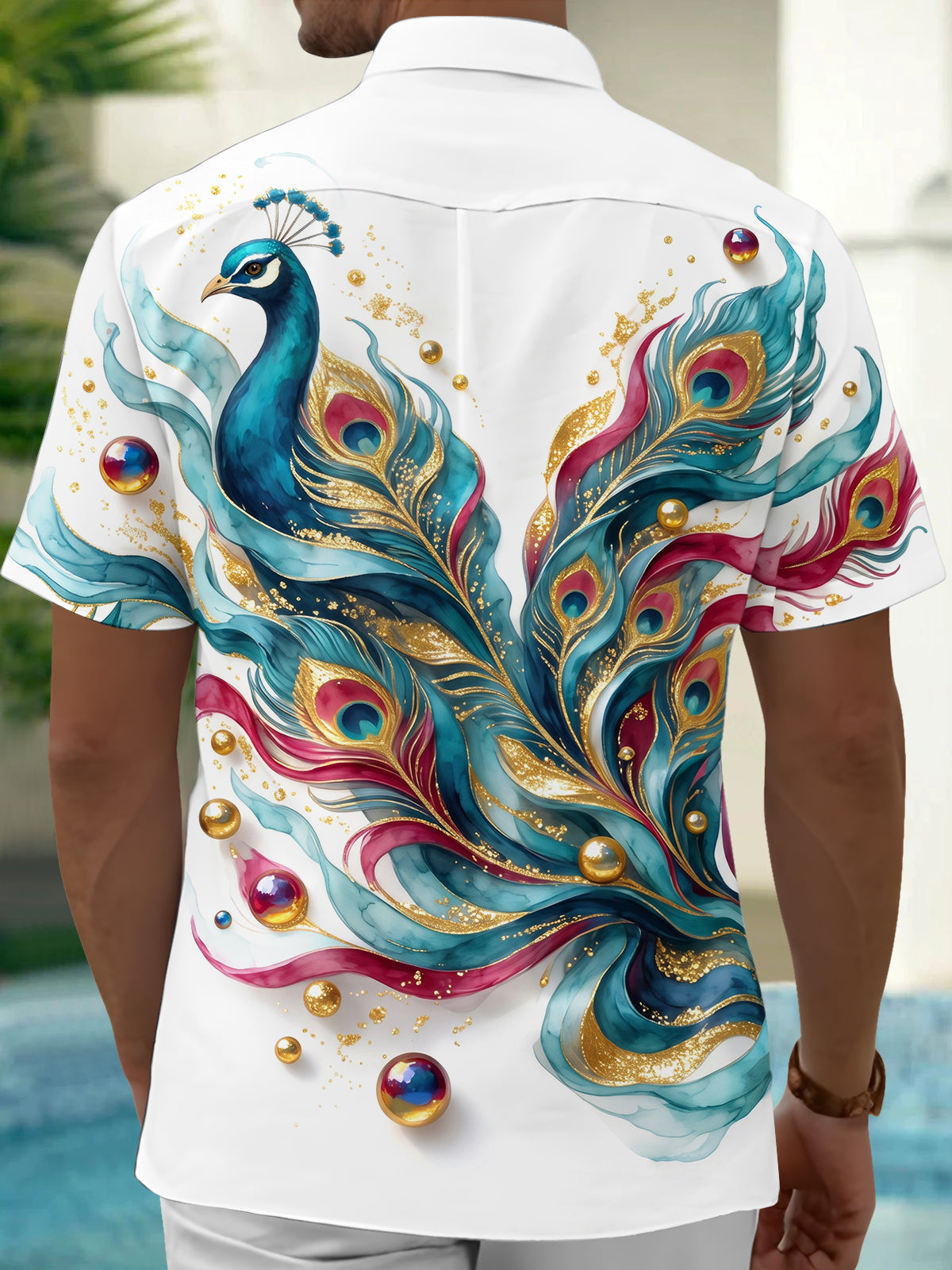 Adaychic Men's Hawaiian Peacock And Peacock Feathers Print Short Sleeve Shirt with Chest Pocket