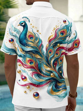 Adaychic Men's Hawaiian Peacock And Peacock Feathers Print Short Sleeve Shirt with Chest Pocket