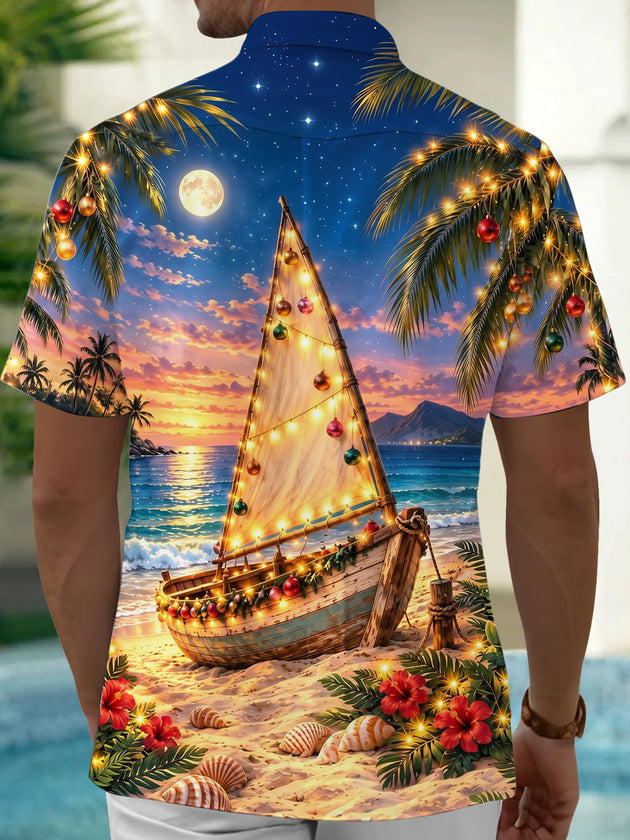 Adaychic Men's Short Sleeve Shirt - Christmas Sailboat And Ornaments On Beach Print with Chest Pocket