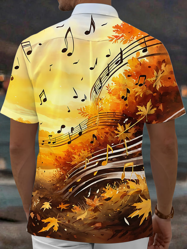 Adaychic Men's Graphic Autumn Maple Leaves Print Short Sleeve Shirt with Chest Pocket