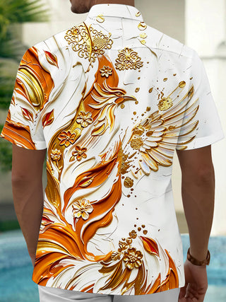 Adaychic Men's Graphic Gilded Phoenix Print Short Sleeve Shirt with Chest Pocket