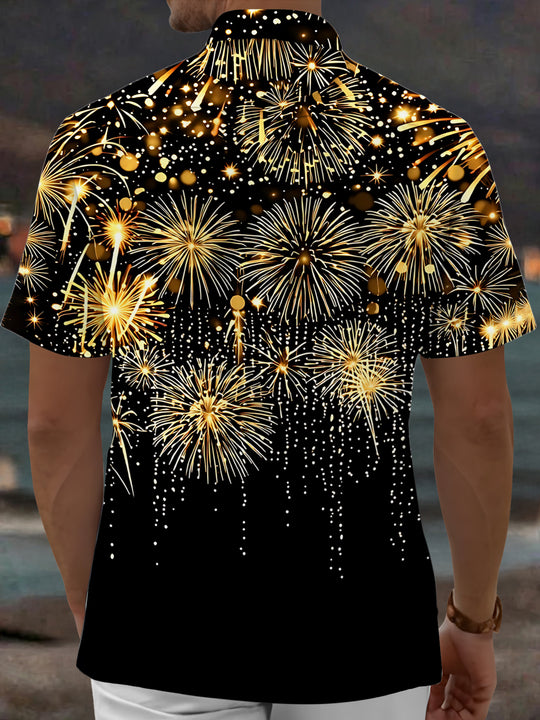 Adaychic Men's Hawaiian Golden Fireworks Print Short Sleeve Shirt with Chest Pocket