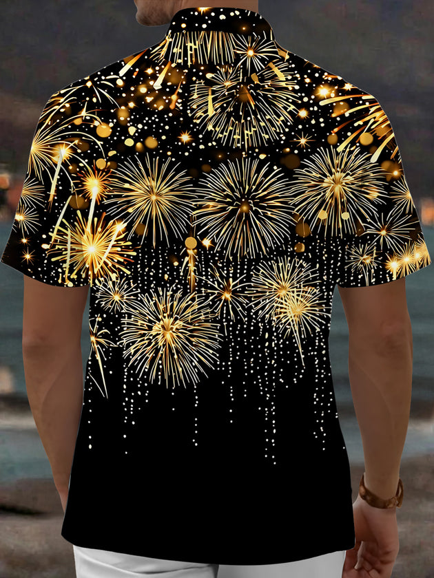 Adaychic Men's Hawaiian Golden Fireworks Print Short Sleeve Shirt with Chest Pocket