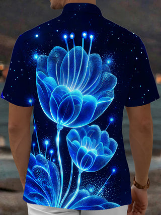 Adaychic Men's Printed Glowing Blue Lotus Print Short Sleeve Shirt with Chest Pocket