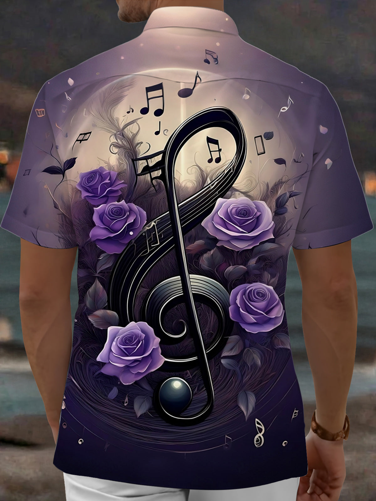 Adaychic Men's Graphic Purple Rose Print Treble Clef Print Short Sleeve Shirt with Chest Pocket