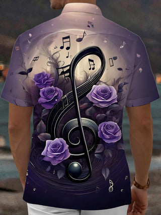 Adaychic Men's Graphic Purple Rose Print Treble Clef Print Short Sleeve Shirt with Chest Pocket