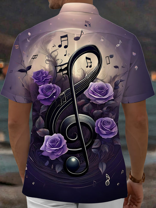Adaychic Men's Graphic Purple Rose Print Treble Clef Print Short Sleeve Shirt with Chest Pocket
