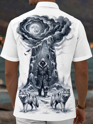 Adaychic Men's Lone Man With Wolves And Full Moon Print Short Sleeve Shirt with Chest Pocket