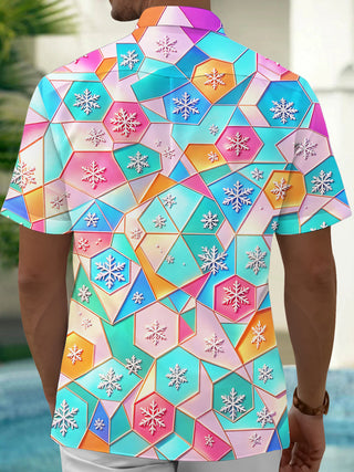 Adaychic Men's Hawaiian Snowflake Pattern Short Sleeve Shirt with Chest Pocket