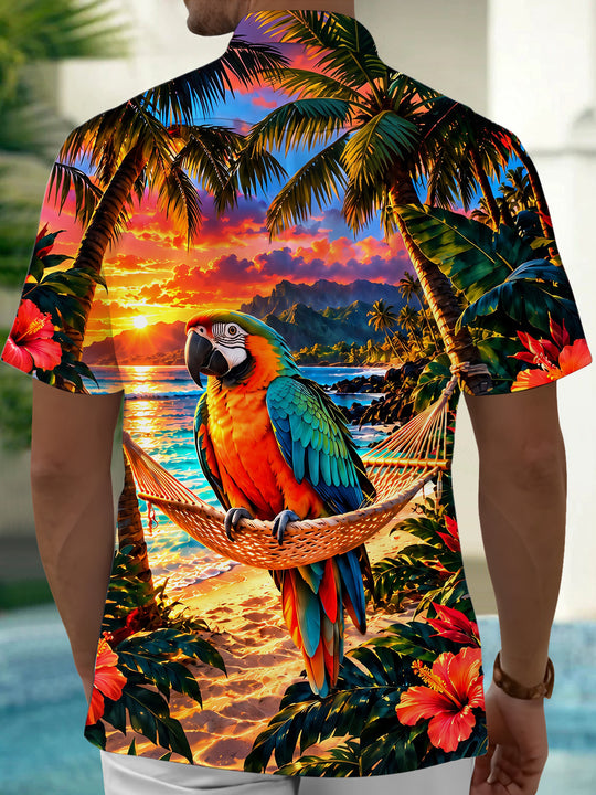 Adaychic Men's Hawaiian Parrot On Hammock Print Short Sleeve Shirt with Chest Pocket