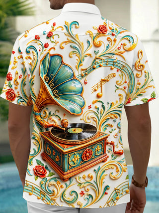 Adaychic Men's Vintage Style 3D Relief Gramophone Print Short Sleeve Shirt with Chest Pocket