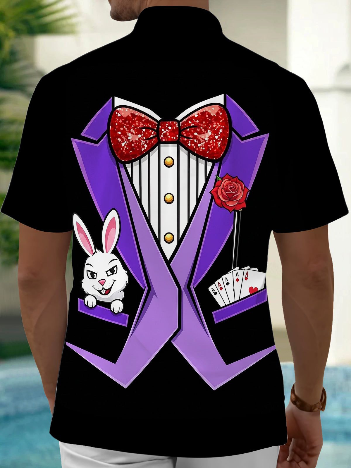 Adaychic Men's Graphic Magic Rabbit Print Short Sleeve Dress with Chest Pocket