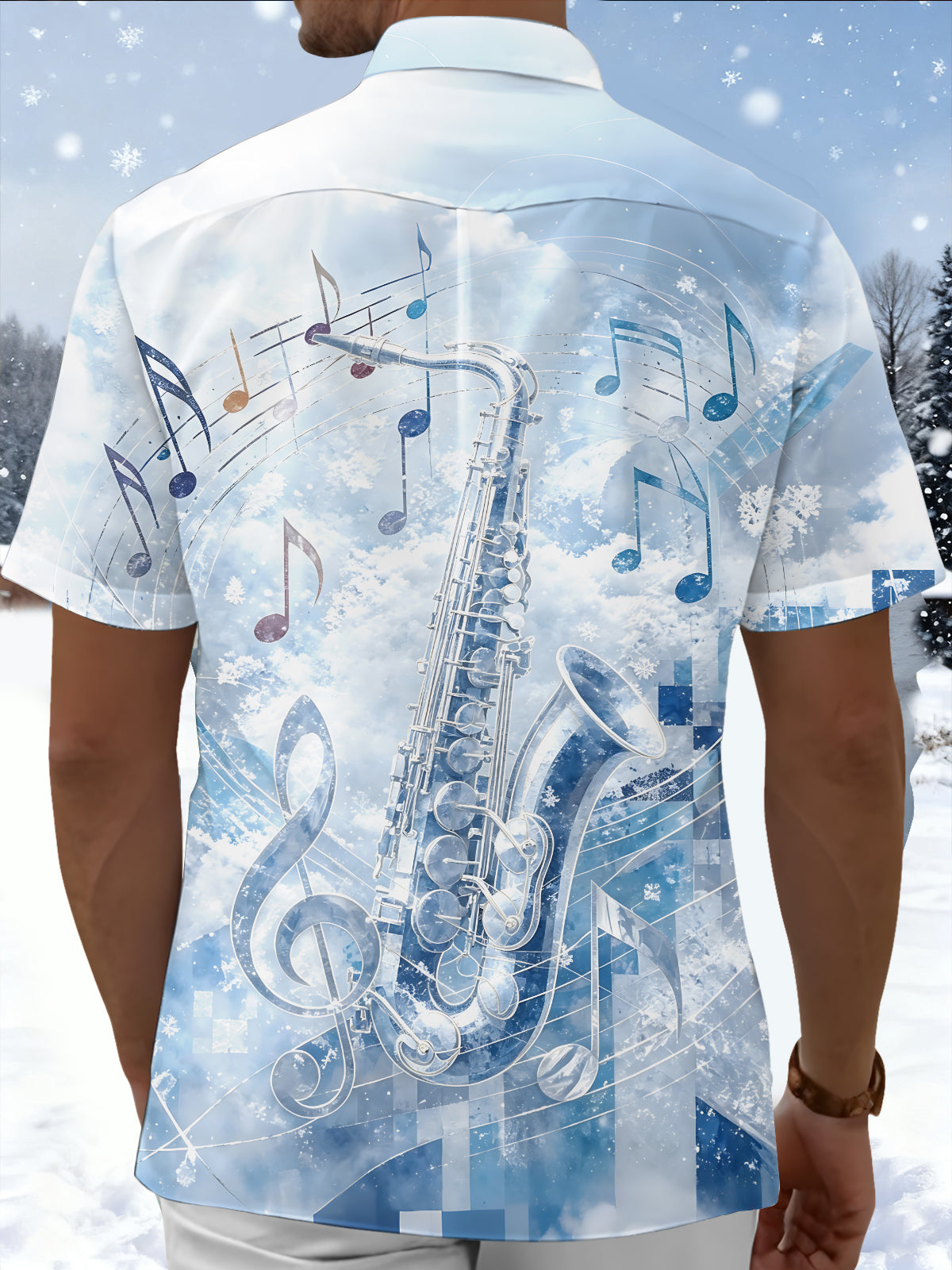 Adaychic Men's Printed Saxophone Print Musical Notes Print Short Sleeve Shirt with Chest Pocket