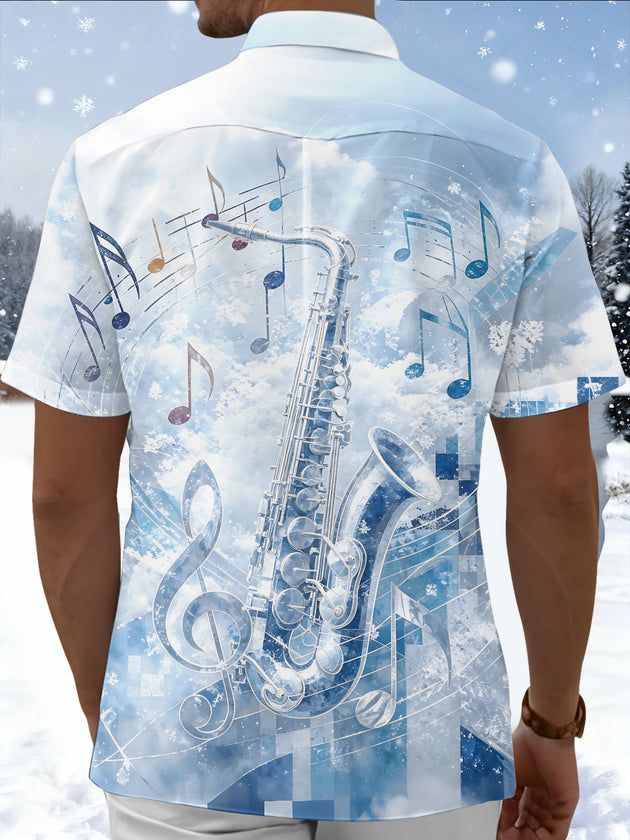 Adaychic Men's Printed Saxophone Print Musical Notes Print Short Sleeve Shirt with Chest Pocket