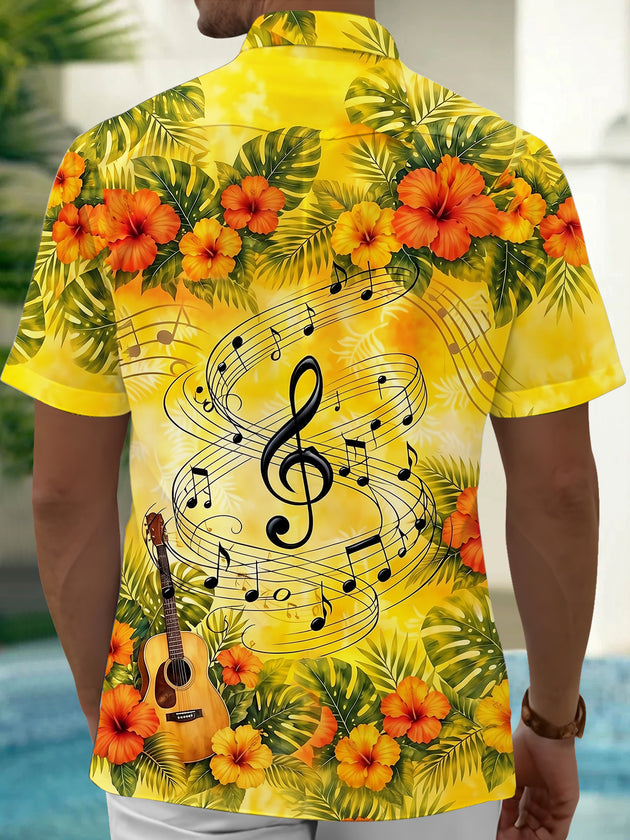 Adaychic Men's Musical Notes And Guitar Print Short Sleeve Shirt with Chest Pocket
