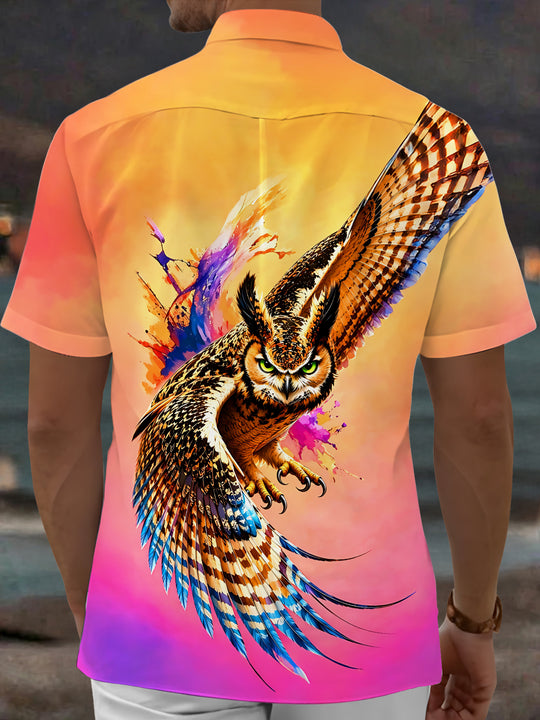 Adaychic Men's Graphic Flying Owl Print Short Sleeve Shirt with Chest Pocket