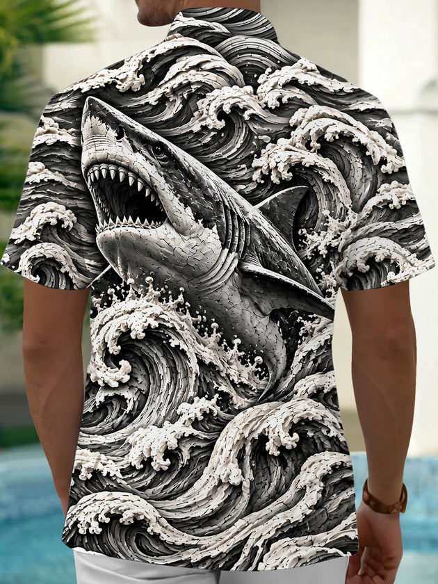 Adaychic Men's Hawaiian Shark And Ocean Waves Print Short Sleeve Shirt with Chest Pocket